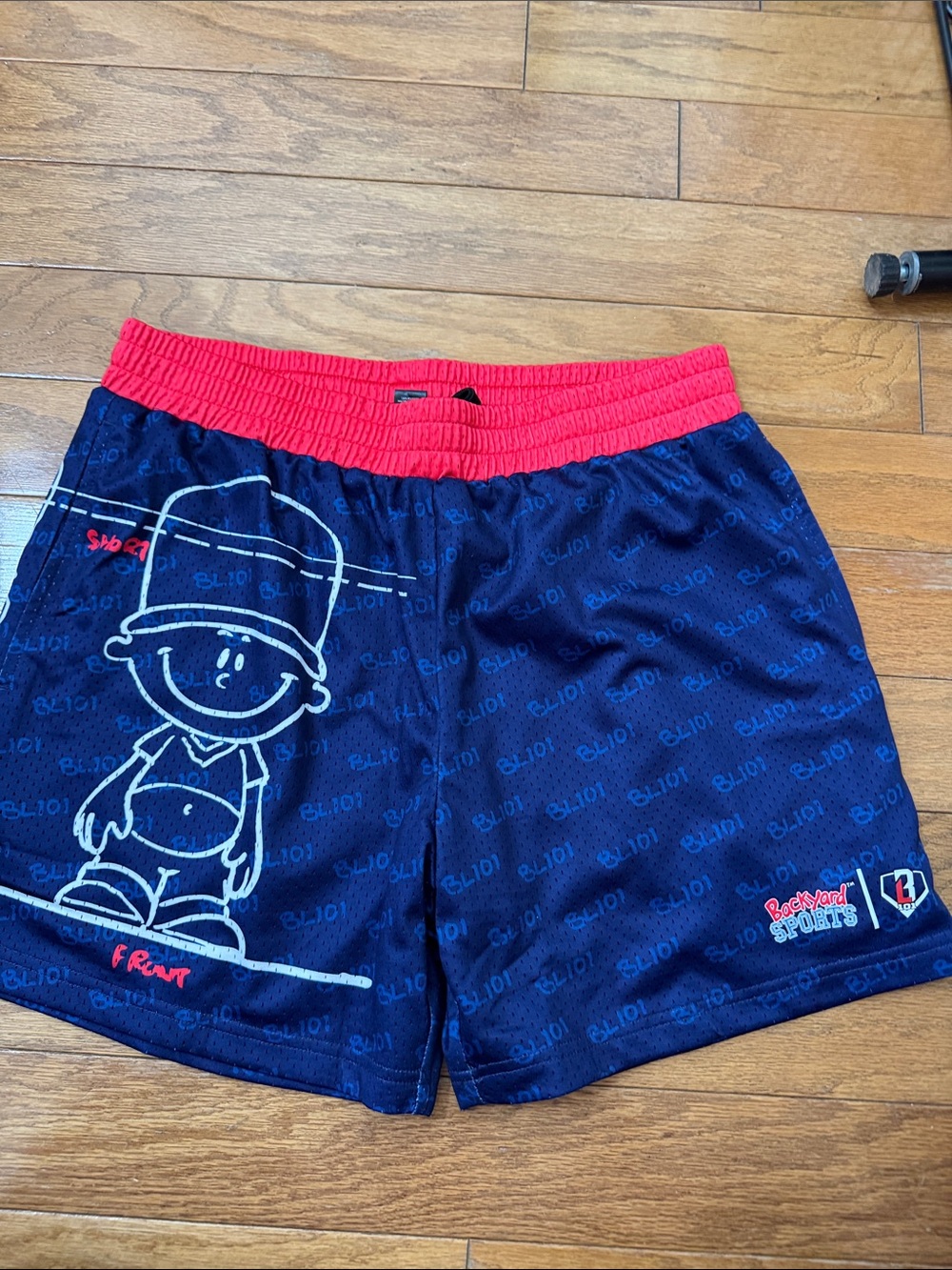 BL101 Navy Shorts with Red Elastic Waistband and Playful Graphic